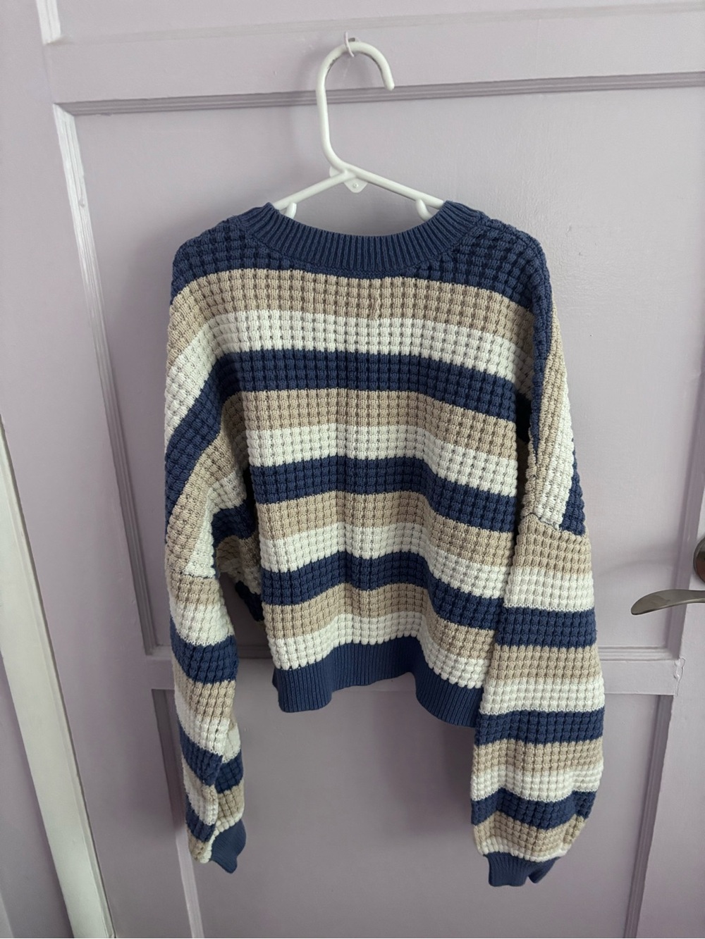 Hollister Striped Waffle-Knit Crewneck Sweater - Navy, Cream & Tan - Picture 2 of 2